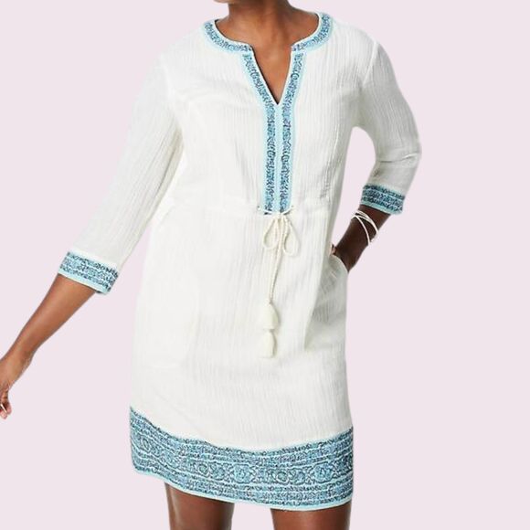 J JILL Gauzy Cotton Boho Dress Size S Embroidered Drawstring Waist Tunic Coastal - Picture 1 of 12